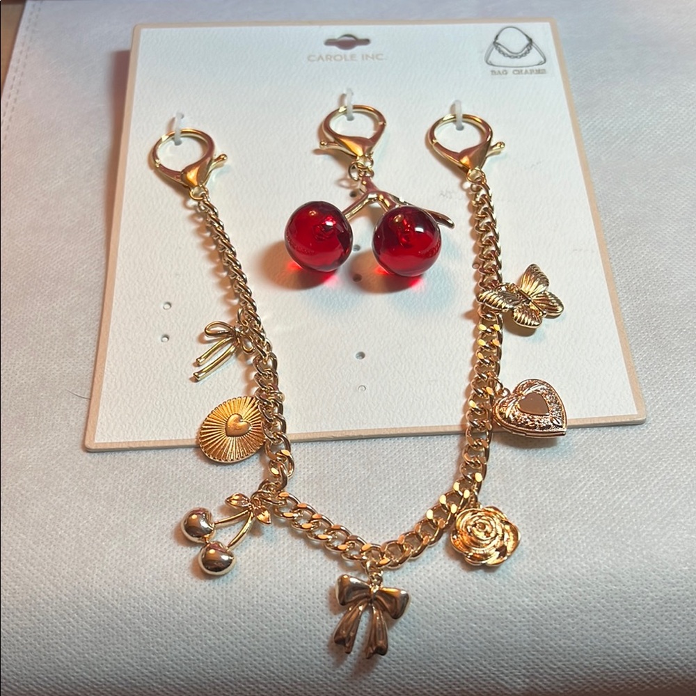 Gold Bag Charm Set and Red Cherries Bag Keychain/ Bag Charm
